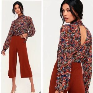 Free People All Dolled Up Black Floral Print Mesh Long Sleeve Crop Top Size L/G